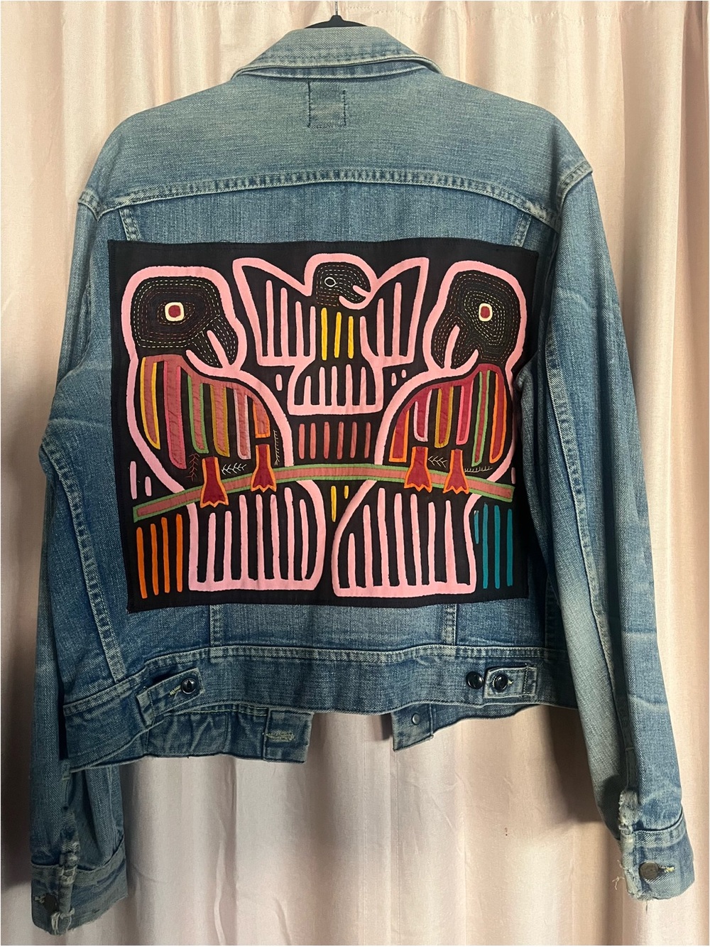 Handmade Blue Denim Jacket with Multicolor Bohemian and Bird Motifs (Size M)